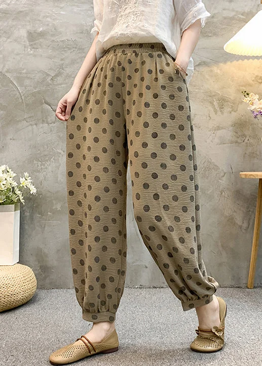 Khaki Dot Pockets Cotton Crop Pants Elastic Waist Summer