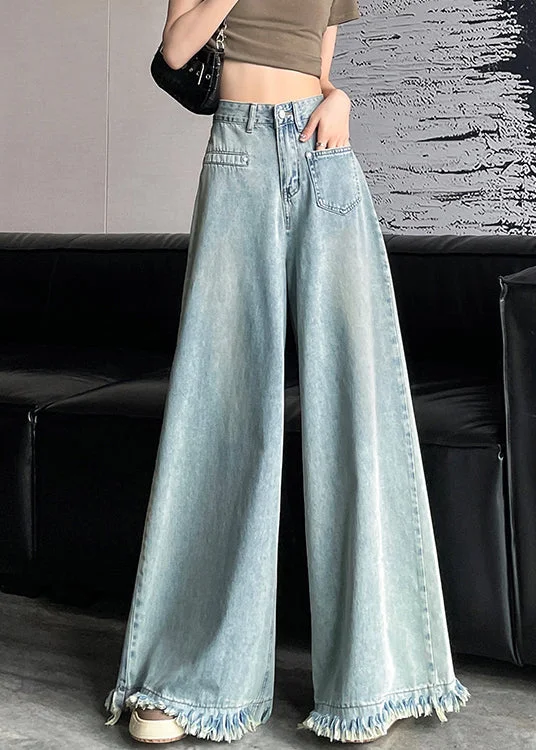 Light Blue Button Denim Wide Leg Pants Tasseled