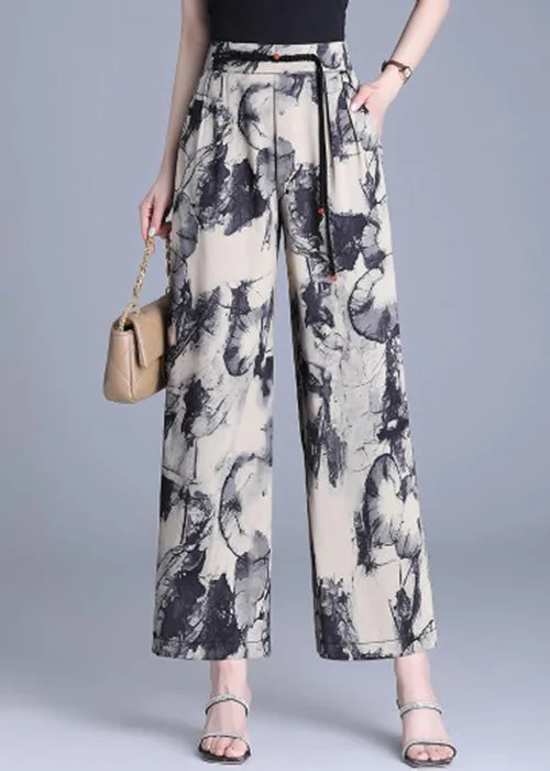 Modern Apricot Tasseled Print Silk Straight Pants Summer