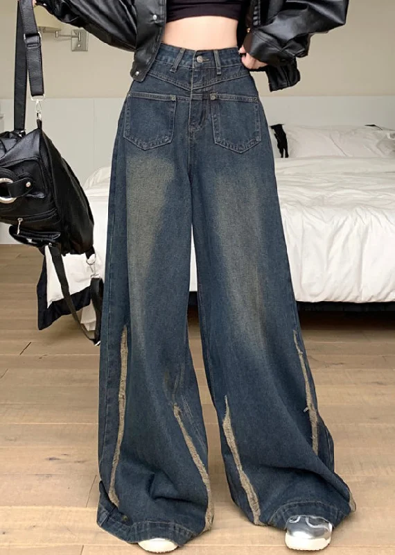 Modern Blue Pockets High Waist Denim Wide Leg Pants Fall