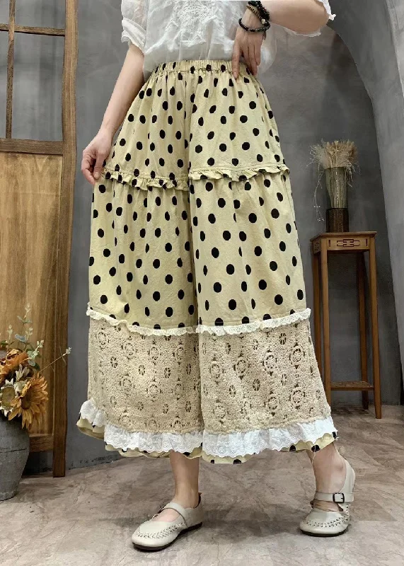 Plus Size Yellow Dot Print Ruffled Patchwork Elastic Waist Crop Wide Leg Pants