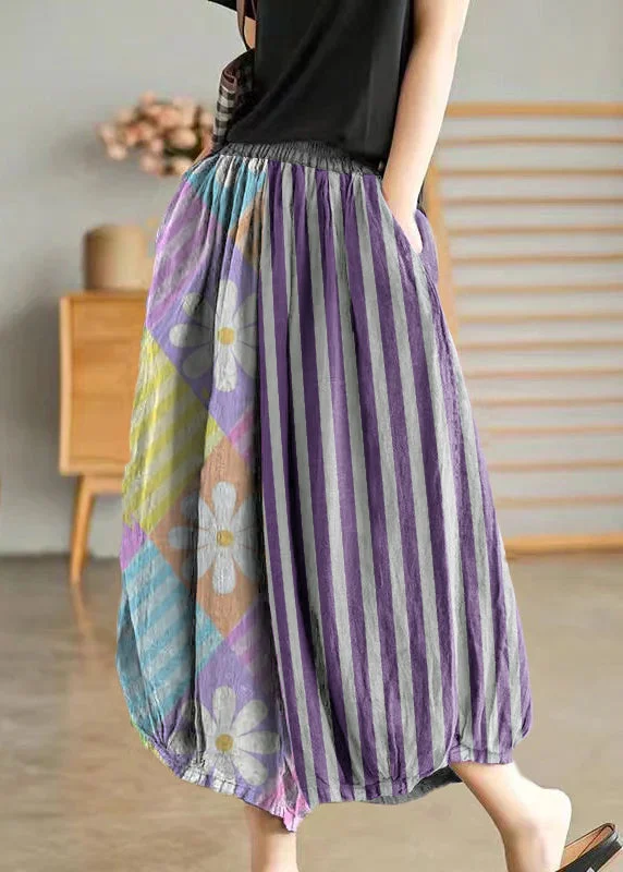 Purple Geometry Elastic Waist Linen Wide Leg Pants