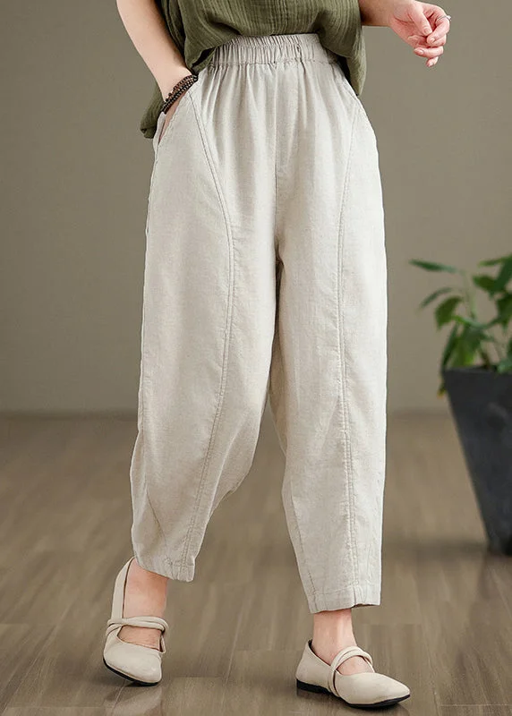 Simple Beige Pockets Elastic Waist Cotton Pants Fall