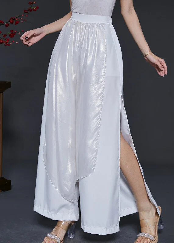 White Layered Chiffon Wide Leg Pants Elastic Waist Summer