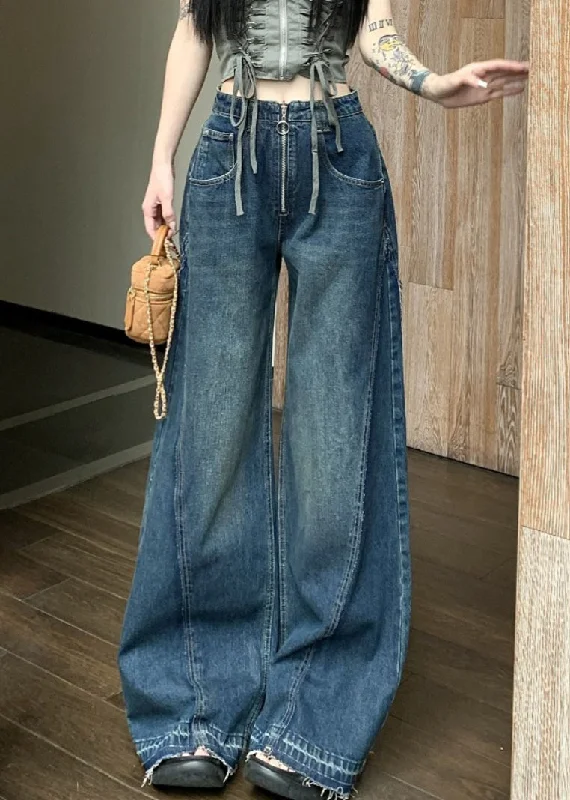 Women Blue Zip Up Pockets Denim Wide Leg Pants Summer