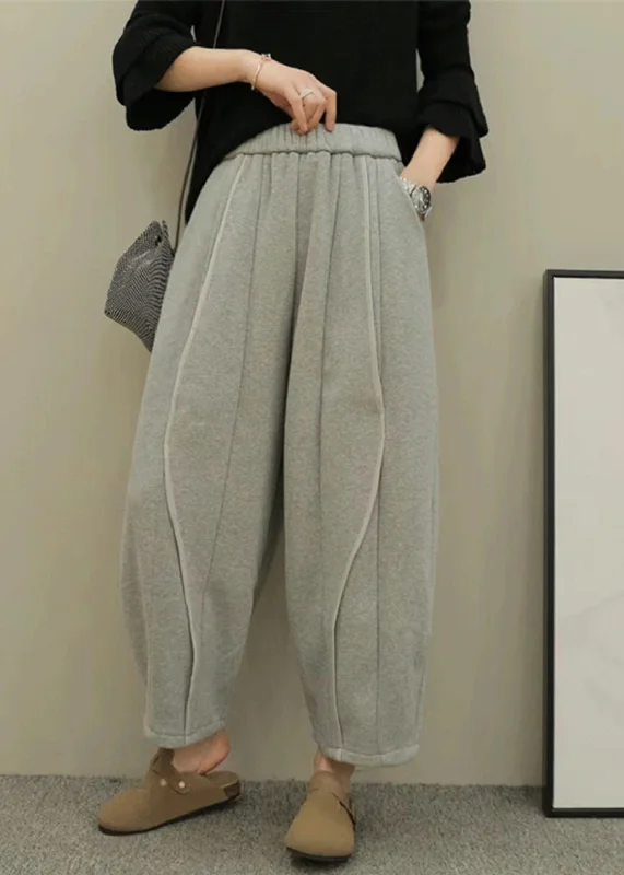 Women Casual Grey Pockets Elastic Waist Patchwork Cotton Pants Fall